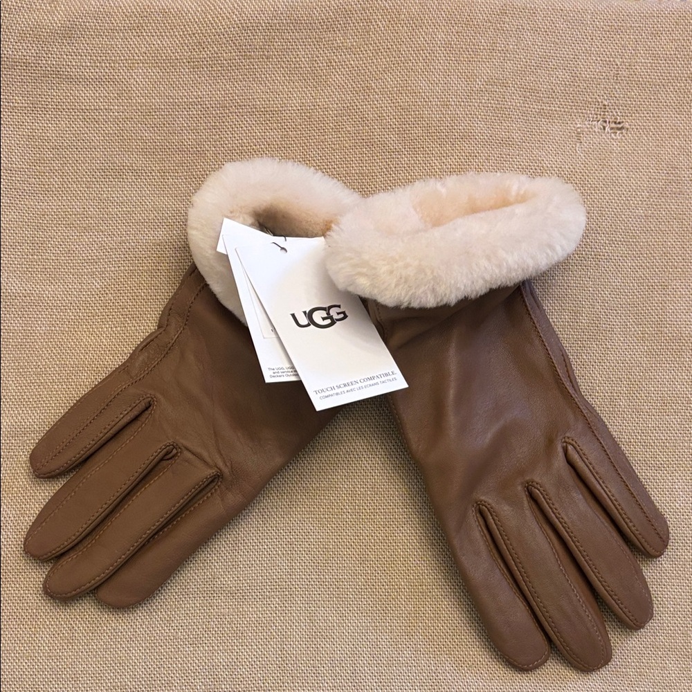 UGG Women's Tan Leather Gloves with Cream Fur Cuff